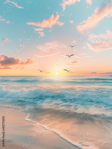 Tranquil beach scene at sunrise with soft waves, sandy shore, and flying birds under a pastel sky.