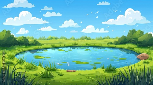 A cartoon nature landscape. Pond at green field with bushes and blue sky with white clouds. Scenery background with lake, natural scene, modern illustration. photo