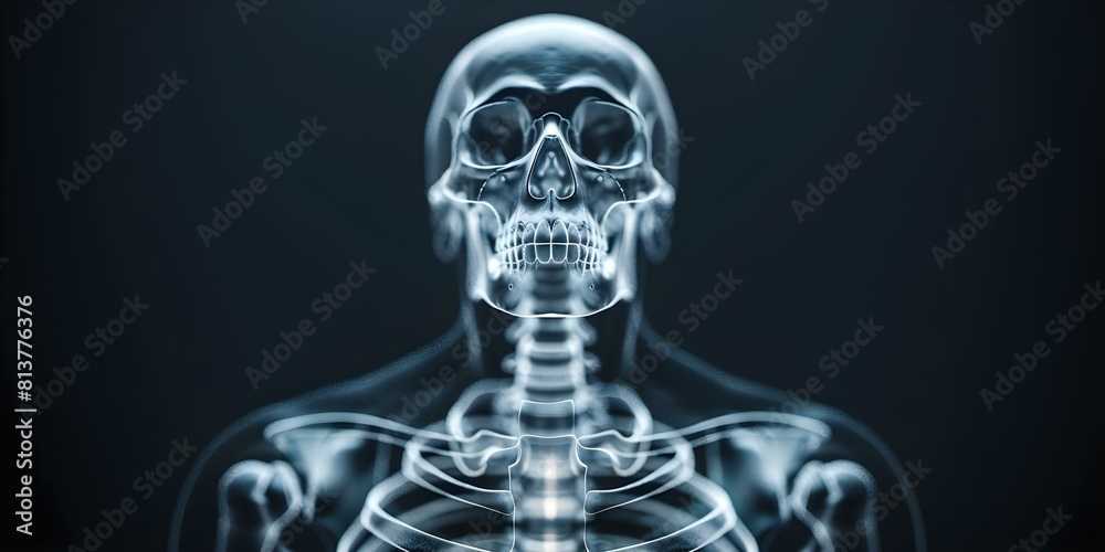 3D rendering of human skeleton xray in front view for medical concepts. Concept 3D Rendering, Human Skeleton, X-Ray, Front View, Medical Concepts