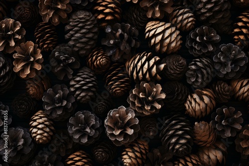 Collection of various pine cones arranged closely on a rich, dark backdrop