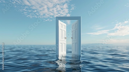 An open white door stands surrealistically in the middle of calm ocean waters under a blue sky with wispy clouds, symbolizing opportunity or passage. photo