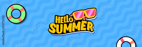 Super Hello summer vector banner with text and retro yellow sunglasses isolated on blue water background. Hello summer poster design template with cartoon sunglasses, beach, water pool , summer vibe