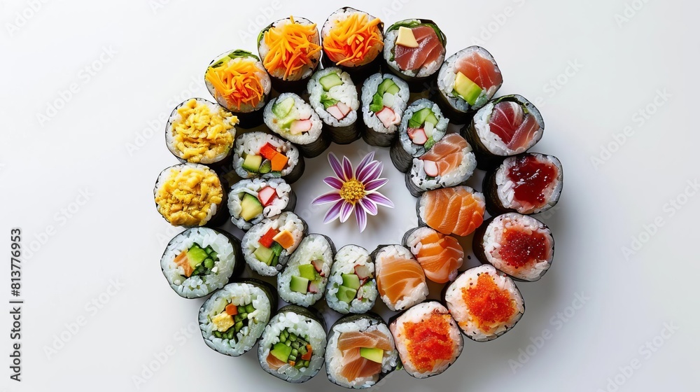A variety of sushi arranged in a circle. The sushi is topped with different types of fish, vegetables, and roe. In the center of the circle is a small plate with a flower on it. A variety of sushi arranged in a circle. The sushi is topped with different types of fish, vegetables, and roe. In the center of the circle is a small plate with a flower on it.