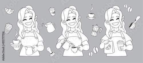 Vector illustration of happy barista, coffee tools, horn, portafilter, milk pitcher, coffee beans, croissant, bakery, coffee shop, tamper. Hand drawn isolated elements for cafe, menu, coffee shop