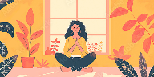 Concept of peaceful lifestyle and serenity at wome. A woman meditating amidst plants indoors. photo