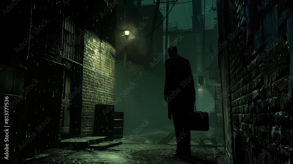 Nocturnal Urban Scene: Silhouette with Briefcase in Alley