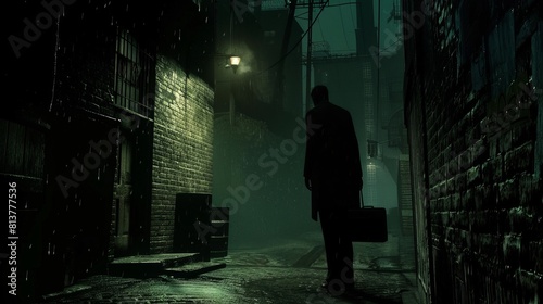 Nocturnal Urban Scene  Silhouette with Briefcase in Alley