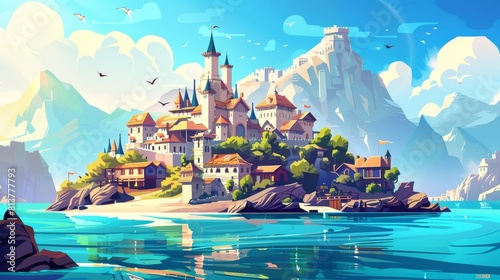 This cartoon illustration shows an ancient fairytale castle on an island surrounded by sea water. There are old town houses on green hills  a royal palace against a mountain backdrop  and birds