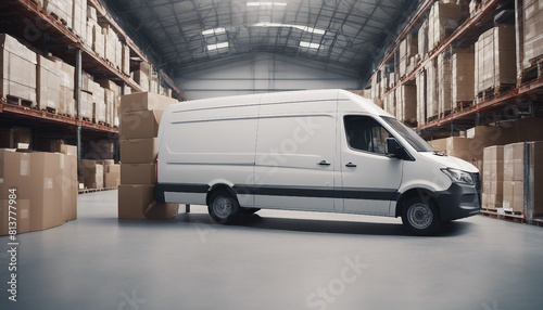 cargo boxes standing next to cargo van in large warehouse, isolated white background 
