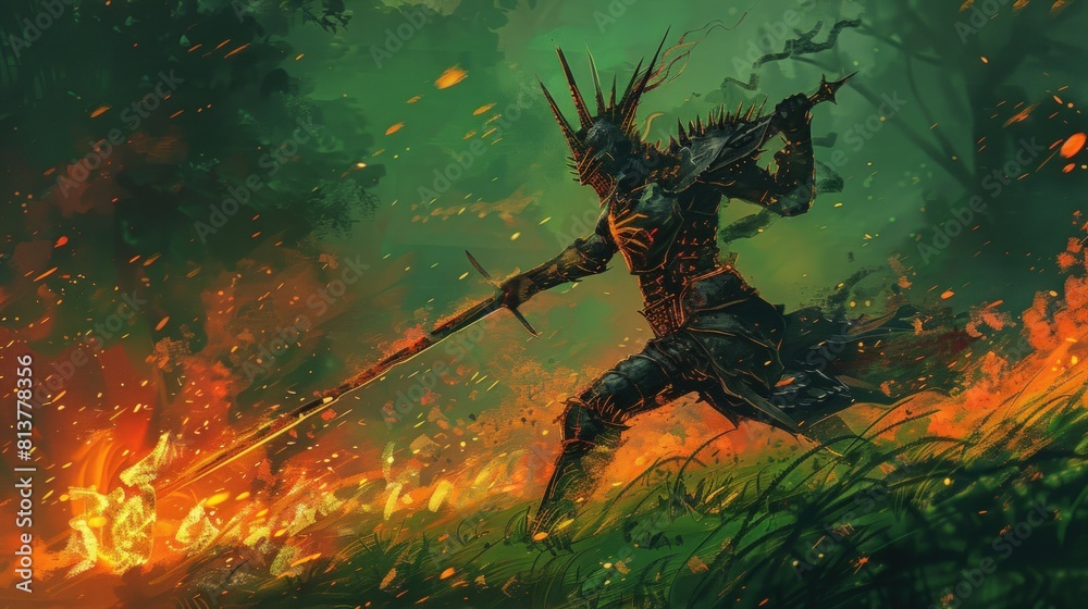 Digital illustration painting design style a knight and big sword against demon armies Digital illustration painting design style a knight and big sword against demon armies