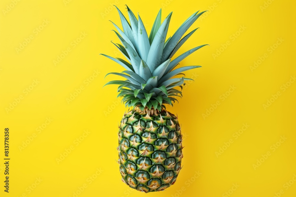 Top view of a ripe pineapple with vibrant green leaves isolated on a bright yellow background Top view of a ripe pineapple with vibrant green leaves isolated on a bright yellow background