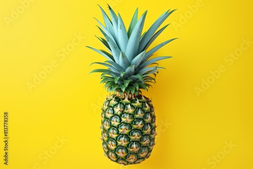 Top view of a ripe pineapple with vibrant green leaves isolated on a bright yellow background