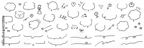 手描きの吹き出しとアイコンのベクターイラストセット。フレーム、落書き、ふきだし、手書き、フリーハンド
