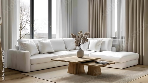 A white L-shaped sofa with wooden coffee tables and beige curtains creates an elegant living room interior design 