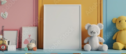 Blank photo frame with cute teddy bear and pastel background © Montree