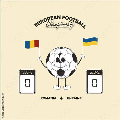 European Football Championship. Match between Romania and Ukraine. Balloon character holding the flags of both countries. Determinate pointage. For game bets. illustration for matches. Forecast