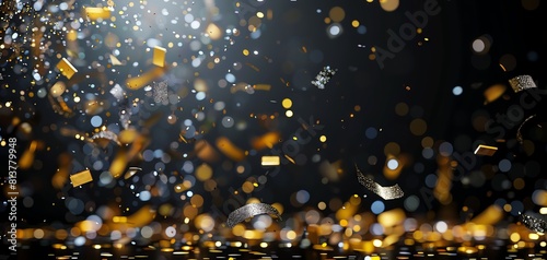 Golden and silver confetti falling on black background