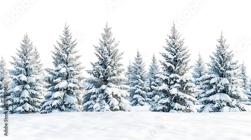 Snow-covered pine trees against a pristine white backdrop, evoking a sense of winter wonderland magic.