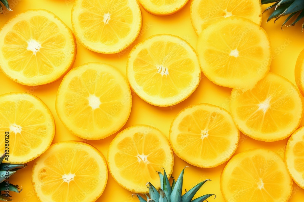 Vibrantly arranged lemon slices with contrasting green leaves on a yellow backdrop Vibrantly arranged lemon slices with contrasting green leaves on a yellow backdrop