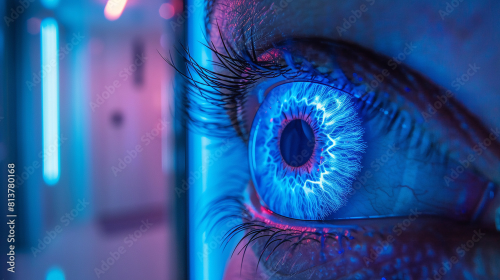 Female eye close up with smart contact lens with digital and bio-metric ...