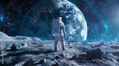 An astronaut stands on a moon-like surface gazing at a large Earth rising above the horizon against a star-filled sky: a sci-fi inspired scene. photo