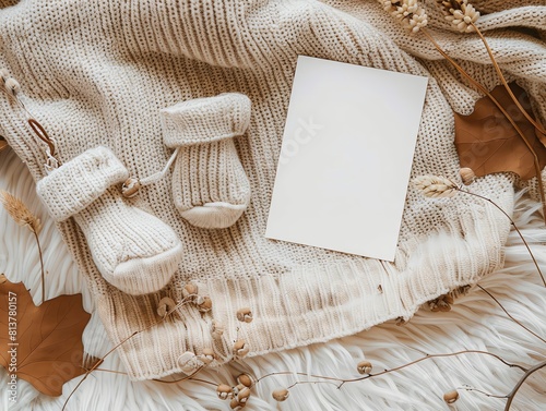 Soft and cozy baby booties and a blank card on a knitted sweater.