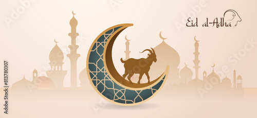 Eid Al Adha sacrificial sheep and crescent moon mosque on background vector poster