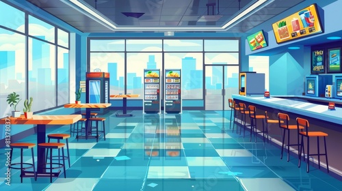 Cartoon illustration of a food court interior, canteen in a school or office with fast food. Snack bar with dirty tables, broken chairs, counter, vending machines, and a window with a view of the photo