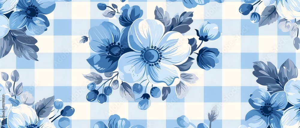 A floral checked illustration with blue and sky blue commination for printing or background use, Generative AI.