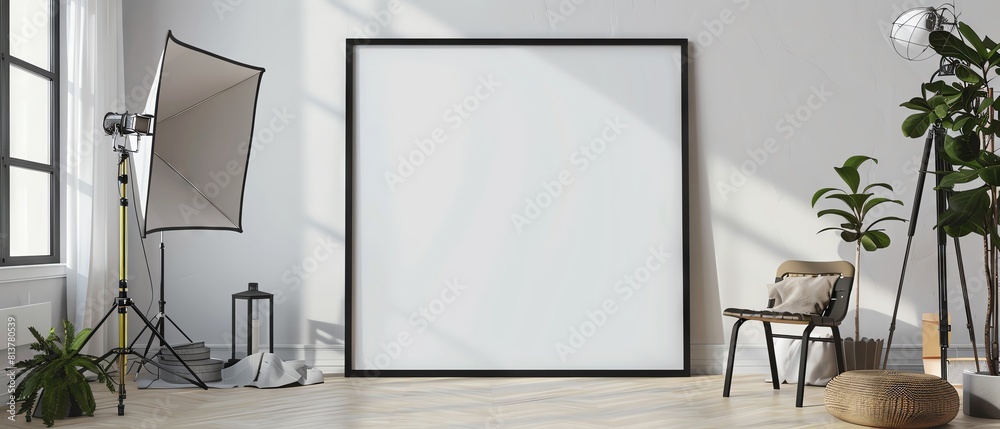Blank black frame mockup on a photography studio wall, with softboxes and photography props creating a professional and creative vibe. Blank black frame mockup on a photography studio wall, with softboxes and photography props creating a professional and creative vibe.