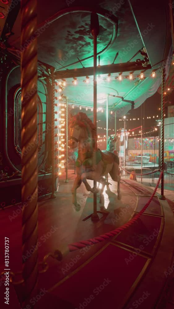 A detailed view of a carousel horse on an old merry go round in a deserted amusement park at night. A detailed view of a carousel horse on an old merry go round in a deserted amusement park at night.