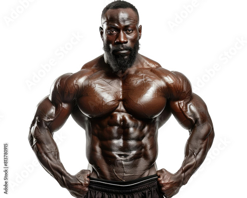 The image shows a muscular African-American man with dark skin and black hair