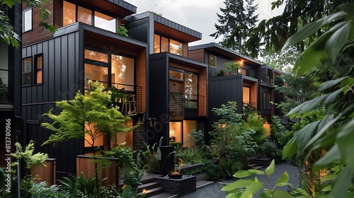 Modern black townhouses with wooden accents surrounded by lush greenery and trees  © Wajid