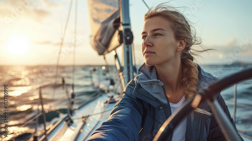 White woman practicing sailing sport, person is focused and enjoying the sport, sports photography
