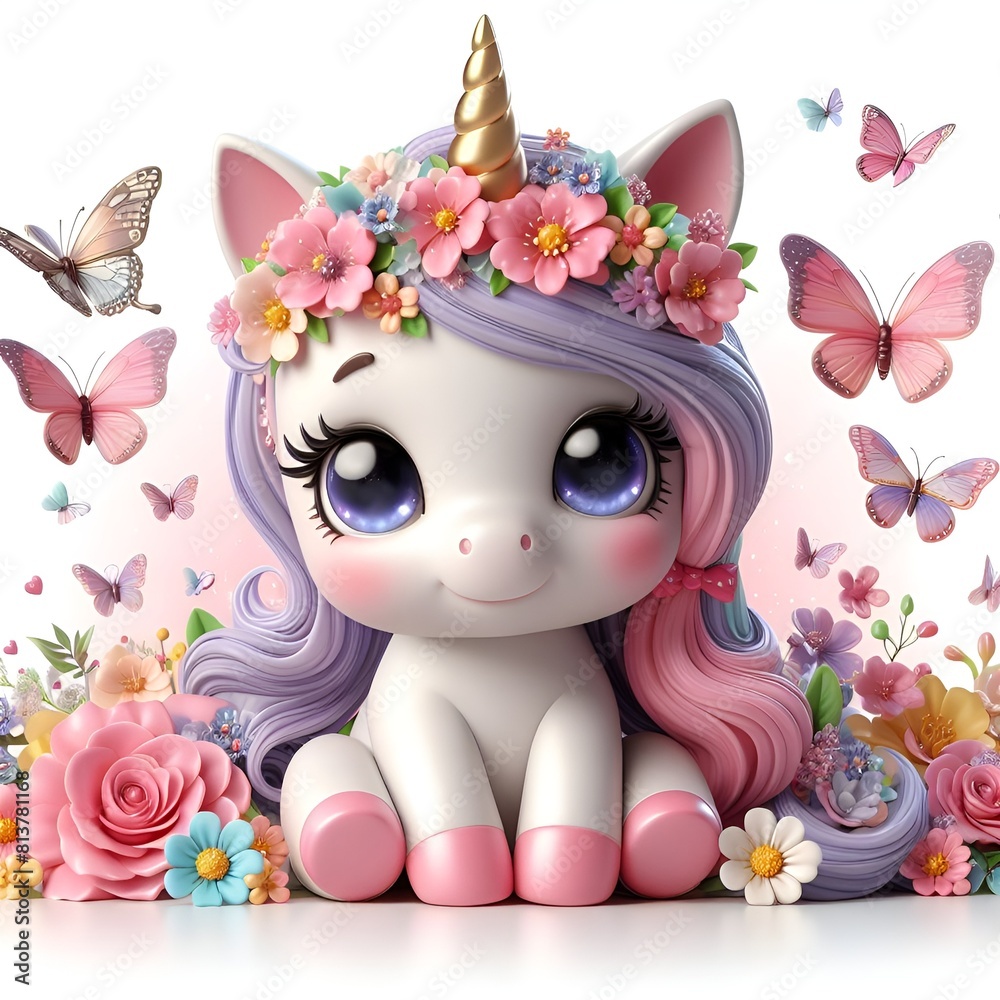 Cute unicorn with flowers and butterflies isolated on a white background , 3D