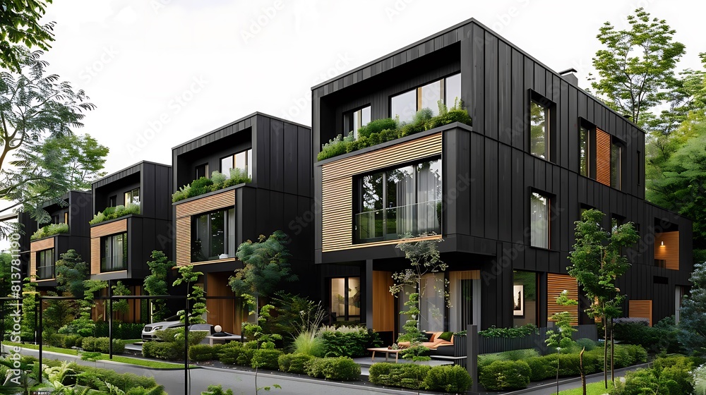 Modern black townhouses with wooden accents surrounded by lush greenery and trees 