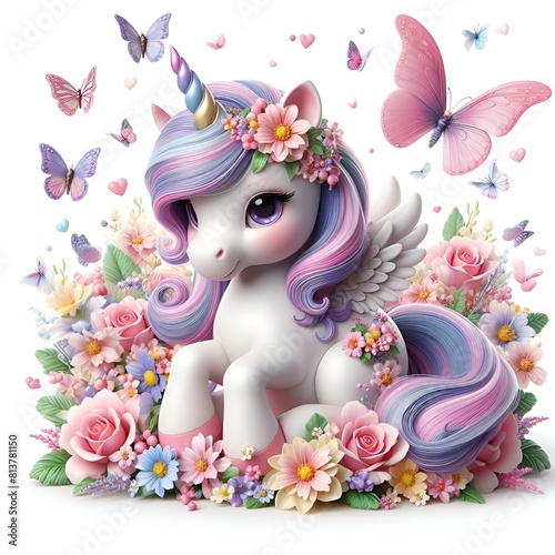 Cute unicorn with flowers and butterflies isolated on a white background , 3D