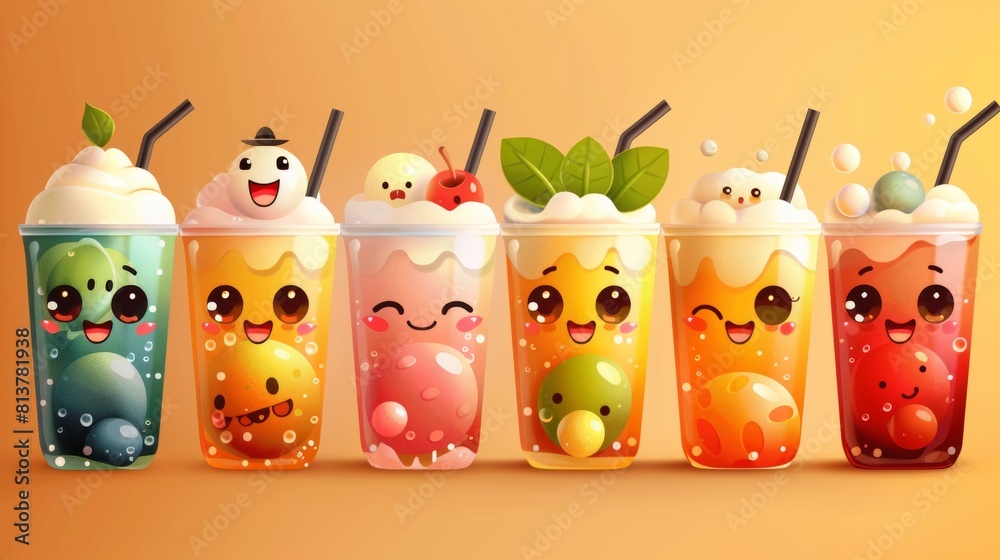 A set of cute bubble milk tea cartoon characters. This is a design for Milk Tea Ads and Logos.