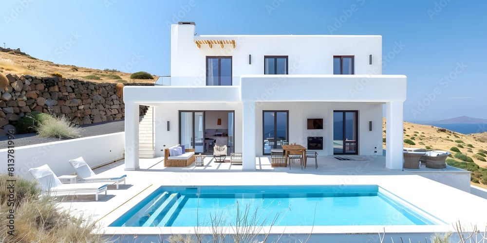 Luxurious Mediterranean Hillside Retreat with Pool and Stunning Sea Views. Concept Luxury Accommodation, Mediterranean Style, Hillside Retreat, Private Pool, Sea Views Luxurious Mediterranean Hillside Retreat with Pool and Stunning Sea Views. Concept Luxury Accommodation, Mediterranean Style, Hillside Retreat, Private Pool, Sea Views