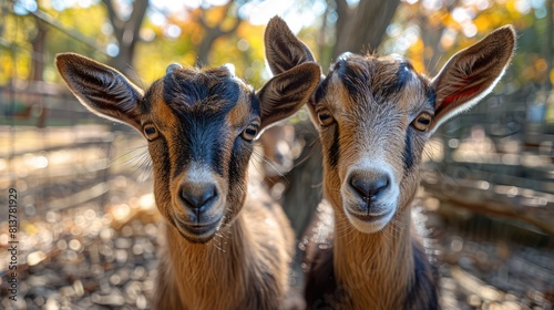 Portrait of a pair of Domestic goats (Capra hircus hircus) in a zoo; Lincoln, Nebraska, United States of America Generative AI photo