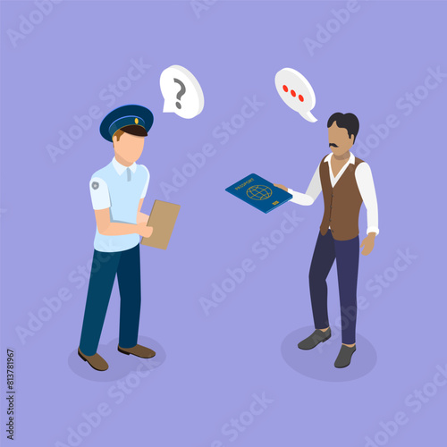 3D Isometric Flat Vector Illustration of Passport Control, Person Identification