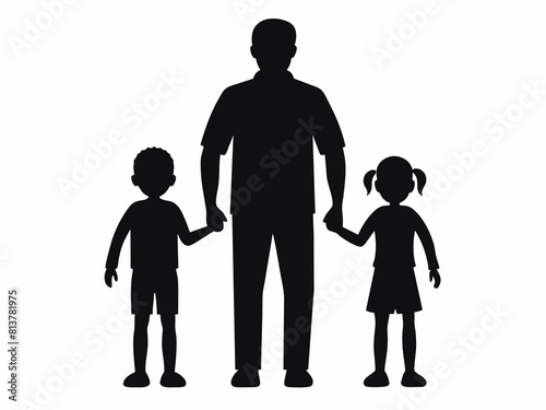 Father and little child play, laugh and hug together. Dad throws up a happy daughter in blue sky. Happy family travels. Baby in arms of the parent. Dafather-and-children-simple-black-silhouette-on-whi