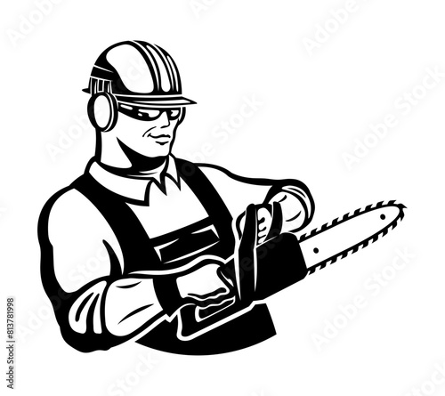 Icon of a builder with a chainsaw on a white background.