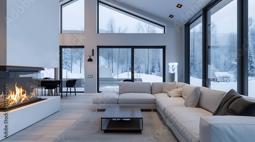 Modern scandinavian interior design of modern living room with fireplace 