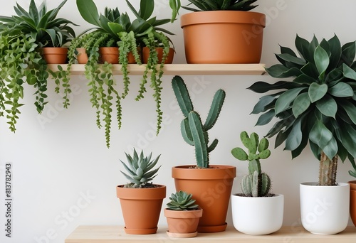 Vibrant collection of cacti and succulents in colorful pots displayed on a rustic wooden shelf, perfect for adding a touch of nature to your home decor