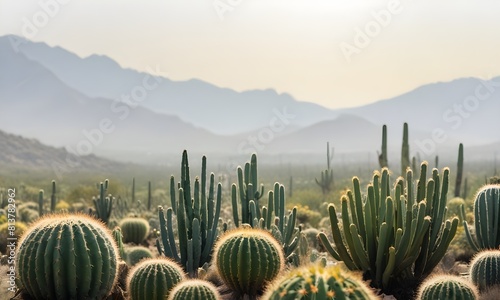 Desert Landscape at Golden Hour with a Field of Cacti Including Saguaro, Golden Barrel, Echinopsis, and Barrel Cactus Varieties photo