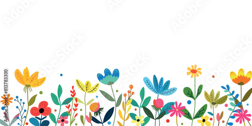 Horizontal botanical background with hand drawn fantasy flowers. Floral vector flat illustration isolated on white background. Banner with colorful blooming flowers.