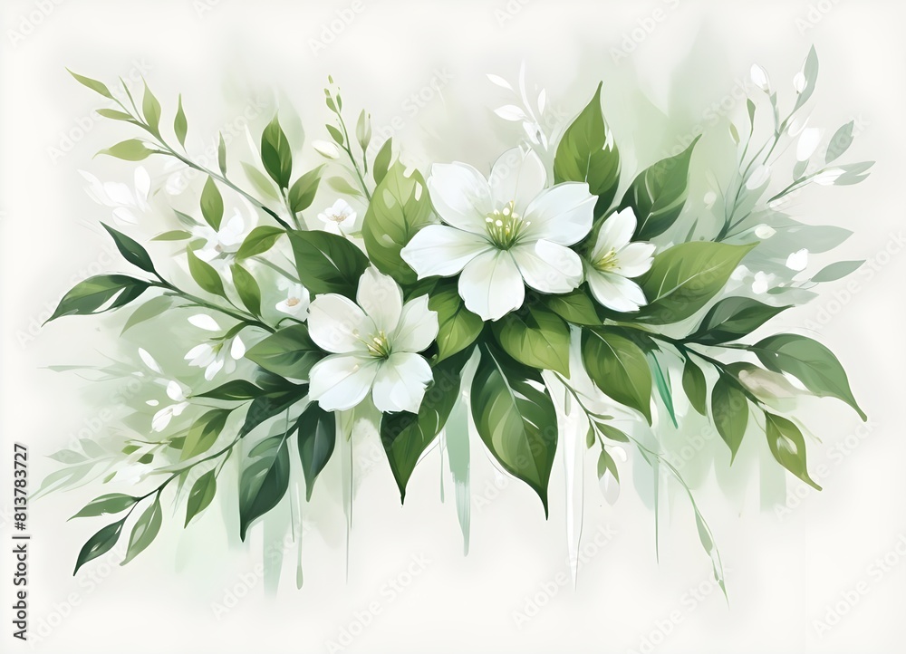 Elegant White Jasmine Flowers with Lush Green Leaves on a Clean White Background. This Breathtaking Floral Arrangement is Perfect for Spring I Announcements, Backgrounds, and More