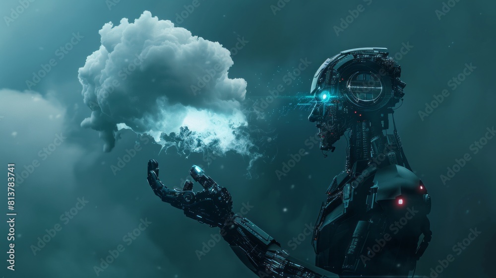 View of a Cyborg holding a Cloud of science icon. STEM day background concept View of a Cyborg holding a Cloud of science icon. STEM day background concept