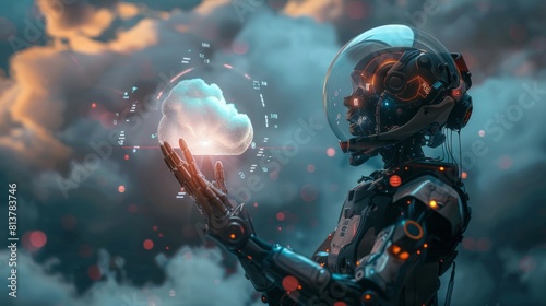 View of a Cyborg holding a Cloud of science icon. STEM day background concept